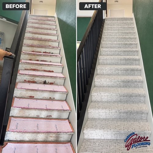 Before and after comparison of stairs with new carpet flooring in Vegas