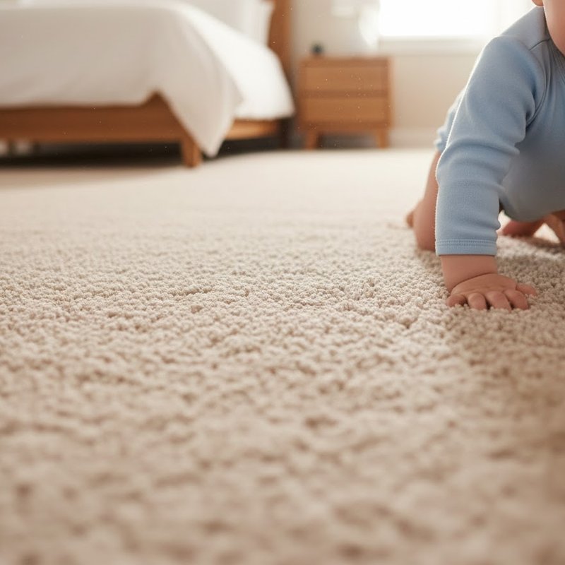 Baby crawling on a soft carpet floor