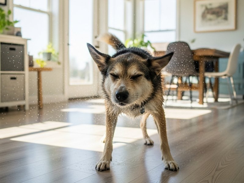 Dog shaking off water on a waterproof LVP floor in a bright dining room